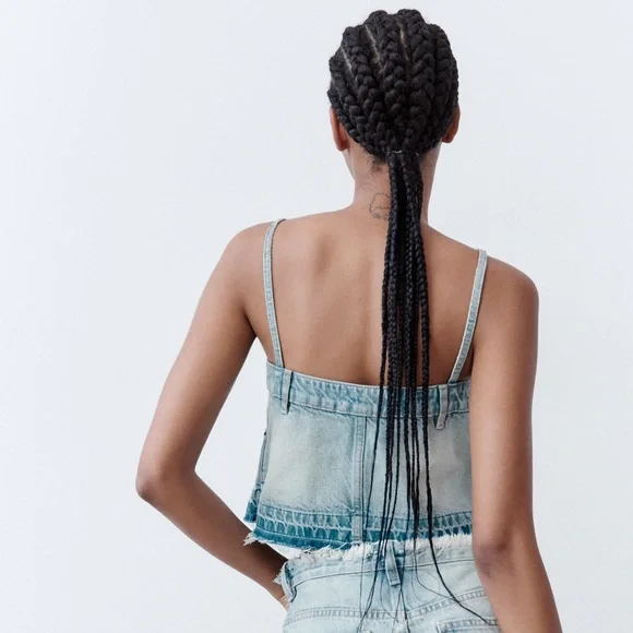 NWT Zara Denim Crop Top. Size Large - Picture 2 of 4